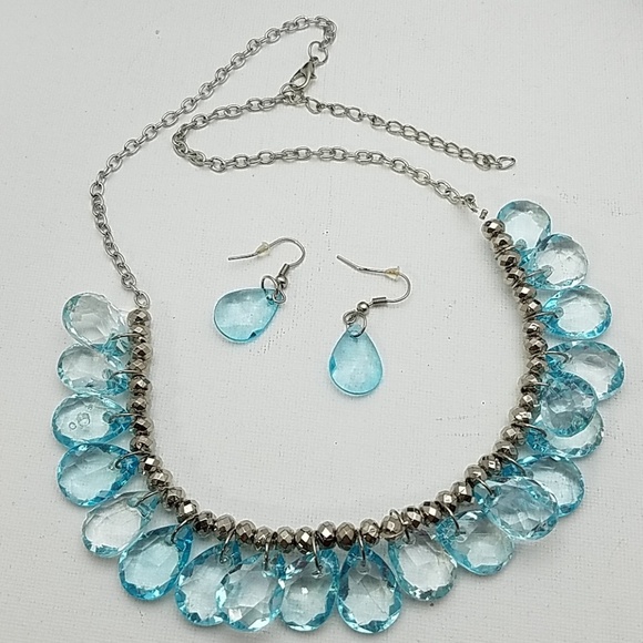 Aquamarine Tear Drop Silver Bead Necklace Earrings - Picture 1 of 3